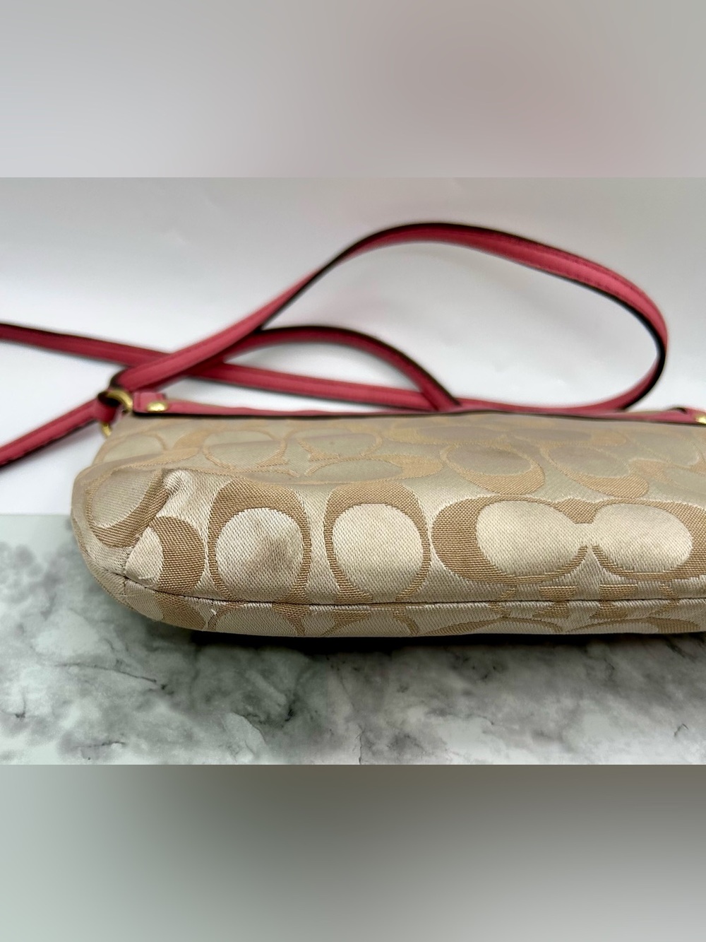 COACH Kristin Signature East/West Crossbody Bag- Khaki Canvas with Leather Trim. - Picture 15 of 16
